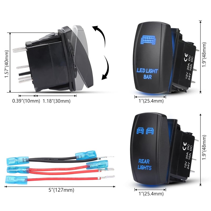 Weasch 2 Pack Rear Lights Rocker Switch Led Light Bar Rocker Switch, Laser On/Off SPST 5Pin Waterproof, 20A/12V 10A/24V, with Jumper Wires for Automotive Boat Marine Truck Jeep, Blue - Image 5